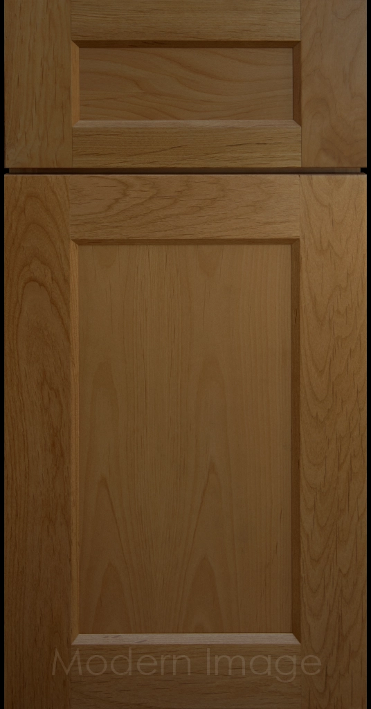 Laguna Brown-stained painted Shaker kitchen cabinet door with wide rails, inside profile and flat center panel.